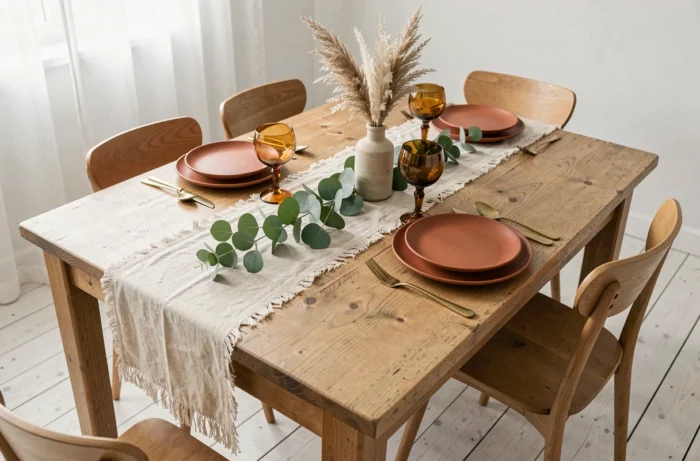 Table dressée avec vaisselle en grès terracotta, couverts dorés et verres soufflés, décorée d'un chemin de table en lin et d'un vase en céramique avec pampa