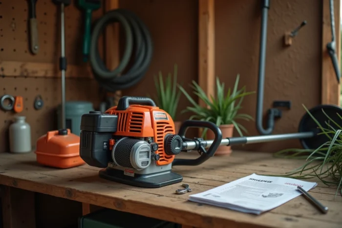 Tête de coupe-bordure thermique posée sur un établi avec accessoires et bobine de fil