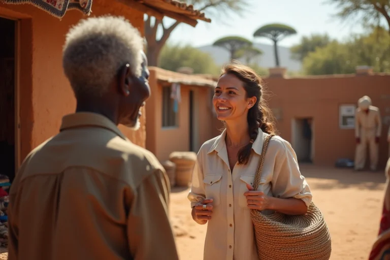 Touriste échangeant avec un artisan local dans un marché artisanal africain, illustrant le tourisme solidaire et les échanges culturels authentiques