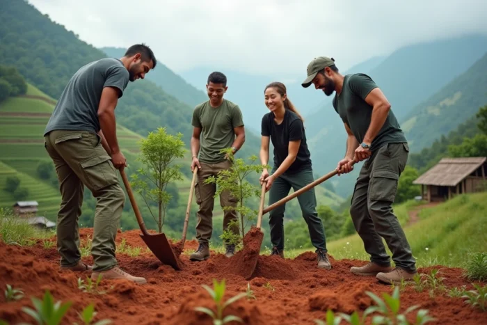 Groupe de volontaires et habitants locaux plantant des arbres ensemble sur une colline en Asie du Sud-Est dans le cadre d'un projet de tourisme responsable