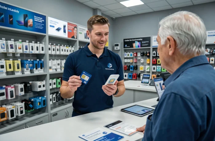 A seller presents SIM card options to a senior customer in a phone shop