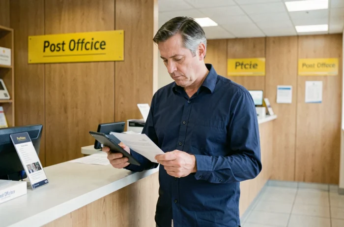 Uomo che controlla la sua fattura La Poste Mobile in un ufficio postale con un tablet