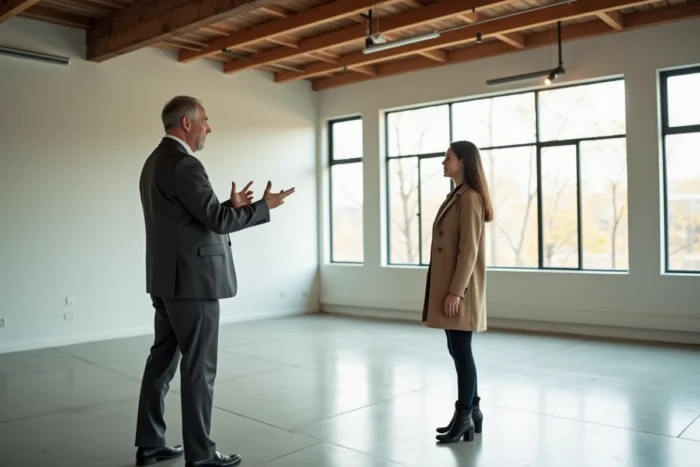 Visite d'appartement vide avec un agent immobilier et une locataire potentielle
