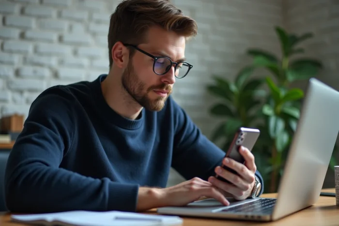 Homme cherchant comment voir des stories Instagram sans être vu depuis un ordinateur et un téléphone