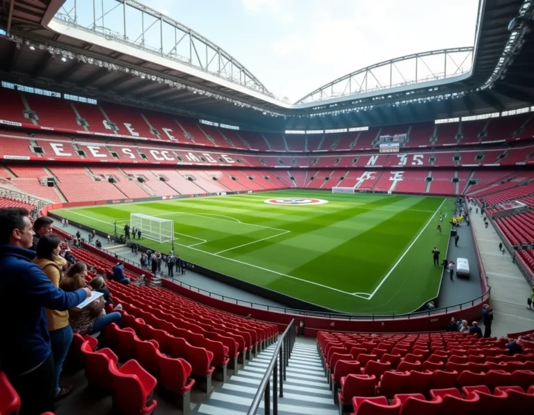 Vue panoramique intérieure du stade Vélodrome avec rangées de sièges numérotés en rouge et blanc, plan de stade en main
