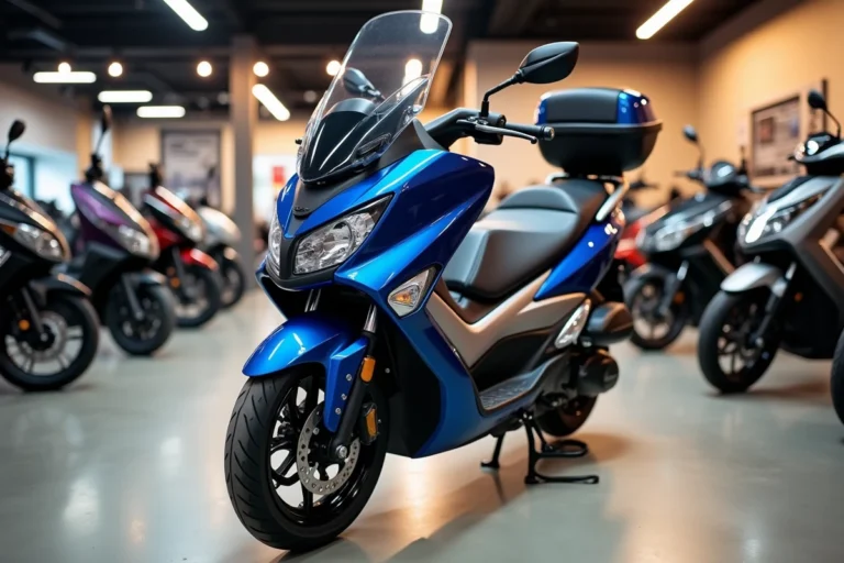 Yamaha TMAX 2026 full options exposé dans une concession moderne avec accessoires premium et étiquette de prix