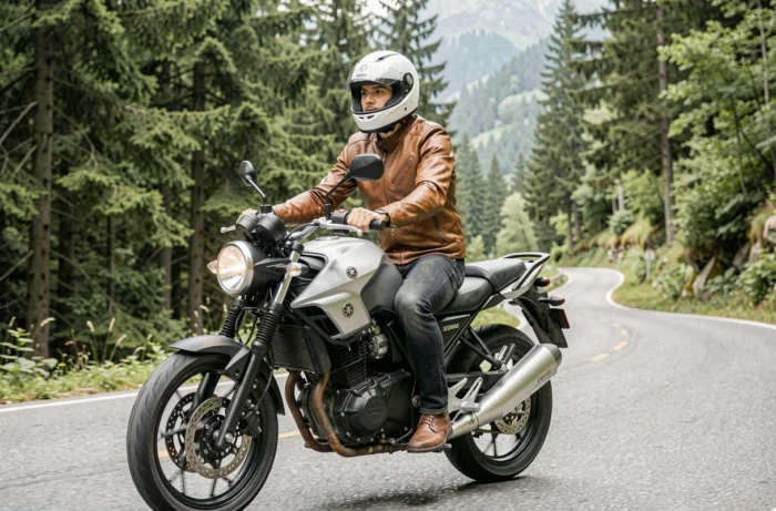 Motard en veste en cuir brun conduisant une Yamaha XSR 155 sur une route de montagne sinueuse entourée de forêt verte