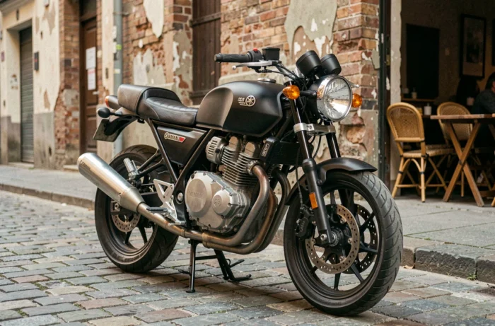 Yamaha XSR 155 garée sur des pavés urbains devant un café vintage, vue trois quarts avant mettant en valeur son design rétro-moderne