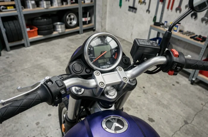 Gros plan sur le tableau de bord rétro et le cockpit de la Yamaha XSR 155 avec compteur analogique et poignées en caoutchouc texturé dans un garage industriel